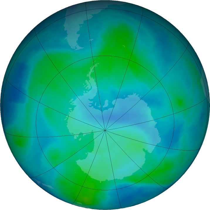 Antarctic ozone map for 15 February 2016